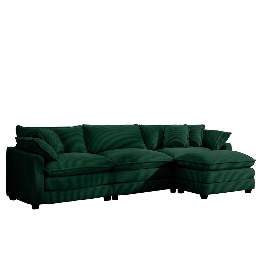 English Elm Corduroy L-Shaped 3-Seater Sofa With Ottoman – Stylish Green Comfort For Small Living Rooms W714S00817