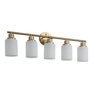 English Elm 31" Modern 5-Light Vanity Wall Sconce with Frosted Glass Shades for Bathroom Dressing Room Lighting Golden W1340P206702
