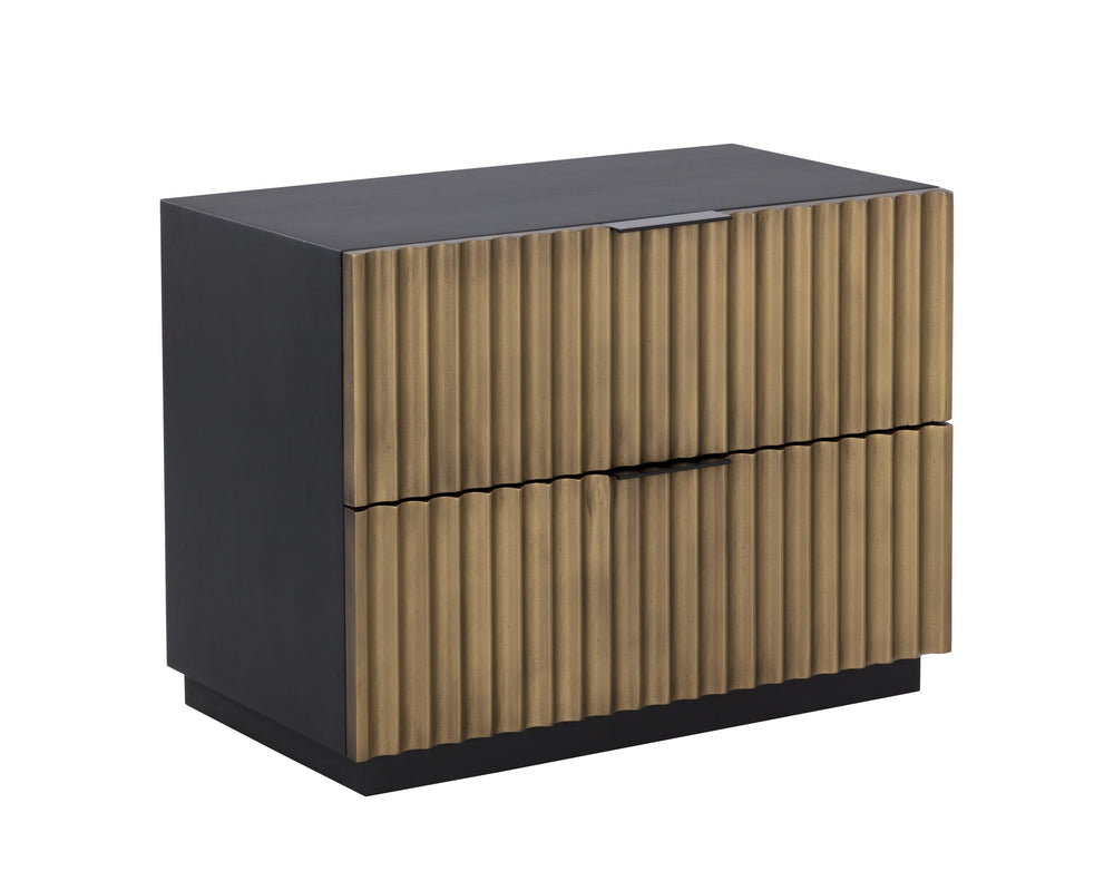 Sunpan Carlin Nightstand - Bold Mango Wood Design with Sculpted Drawers and Modern Aluminum Handles Black / Antique Brass