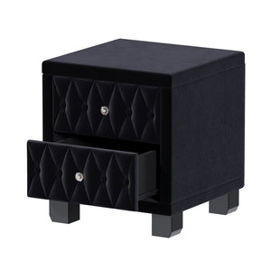 English Elm Elegant Velvet Upholstered Nightstand with Crystal Knobs Tufted Glam Bedside Storage Black N733P210398B