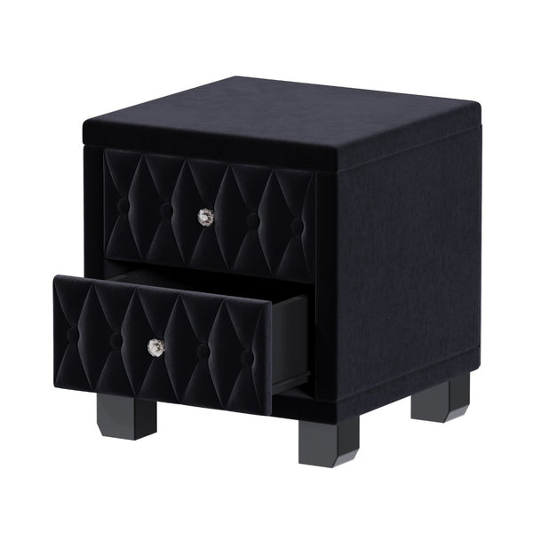 English Elm Elegant Velvet Upholstered Nightstand with Crystal Knobs Tufted Glam Bedside Storage Black N733P210398B