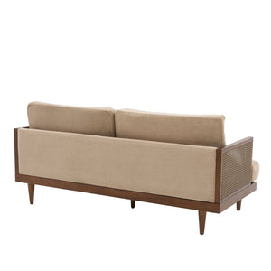 English Elm Emir Three Seat Boucle Sofa with Handwoven Cane Arms and Walnut Tapered Legs Camel N773P285909C