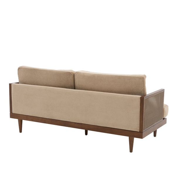English Elm Emir Three Seat Boucle Sofa with Handwoven Cane Arms and Walnut Tapered Legs Camel N773P285909C