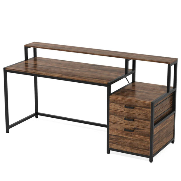 English Elm Sturdy Two-tier Computer Desk with File Cabinet and Monitor Riser for Home Office Black,Rustic Brown T3971P450685