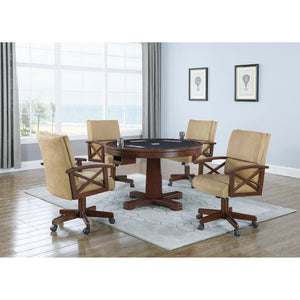 English Elm Calloway Tobacco 5-Piece Game Set with Upholstered Tan Casters, Rich Wood Grain Table for Entertaining B062S00897