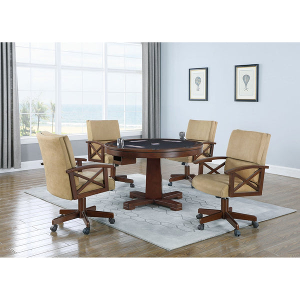 English Elm Calloway Tobacco 5-Piece Game Set with Upholstered Tan Casters, Rich Wood Grain Table for Entertaining B062S00897