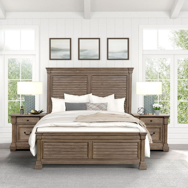 English Elm Weathered Gray King Bedroom Set Shutter Panel Bed Elm Wood Frame with Two Nightstands B2741S00931