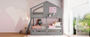 English Elm Twin Playhouse Bunk Bed Pinewood Frame with Pitched Roof Window Shelf and Storage Drawers Gray LT001608AAE-1