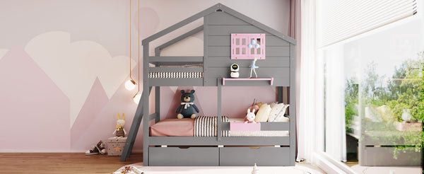 English Elm Twin Playhouse Bunk Bed Pinewood Frame with Pitched Roof Window Shelf and Storage Drawers Gray LT001608AAE-1