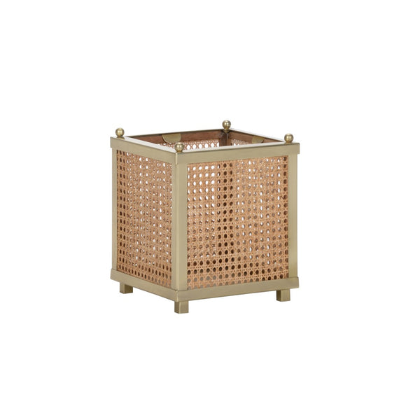 Wildwood Dunbar Brushed Brass & Natural Cane Cachepot — Tapered Artisanal Planter, Hurricane Cover, 12.5"H 193076