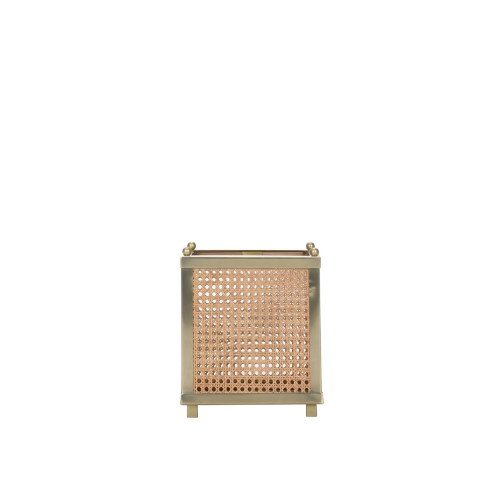 Wildwood Dunbar Brushed Brass & Natural Cane Cachepot — Tapered Artisanal Planter, Hurricane Cover, 12.5"H 193076