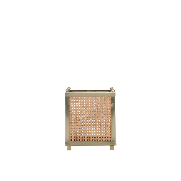 Wildwood Dunbar Brushed Brass & Natural Cane Cachepot — Tapered Artisanal Planter, Hurricane Cover, 12.5"H 193076