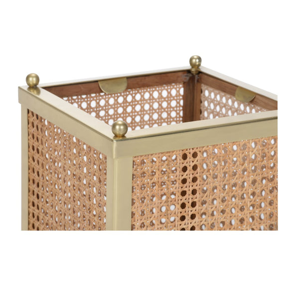 Wildwood Dunbar Brushed Brass & Natural Cane Cachepot — Tapered Artisanal Planter, Hurricane Cover, 12.5"H 193076