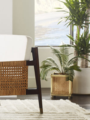 Wildwood Dunbar Brushed Brass & Natural Cane Cachepot — Tapered Artisanal Planter, Hurricane Cover, 12.5"H 193076