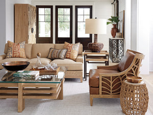 Lexington Tommy Bahama Home Madrid Woven Accent Table - Global Transitional Design With Natural Oak, Woven Abaca, And Travertine Top Newcastle  566-954