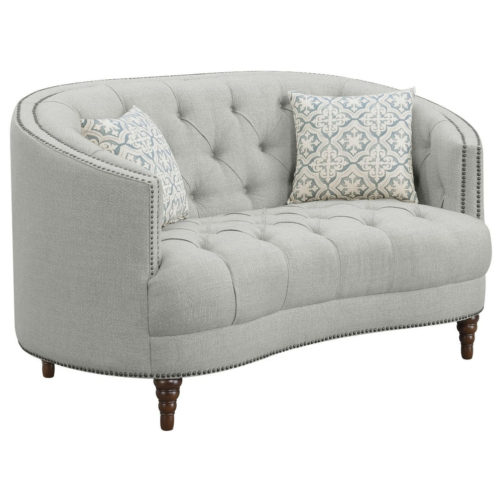 English Elm Veronica Tufted Linen Loveseat with Nailhead Trim and Curved Back for Parlor Style B062P357780