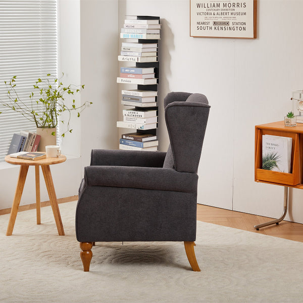 English Elm Coffee Table & Armchair Set with Vintage Roman Column Legs, Breathable Fabric, Solid Rubberwood Craftsmanship Antique Dark Grey W2989P339879