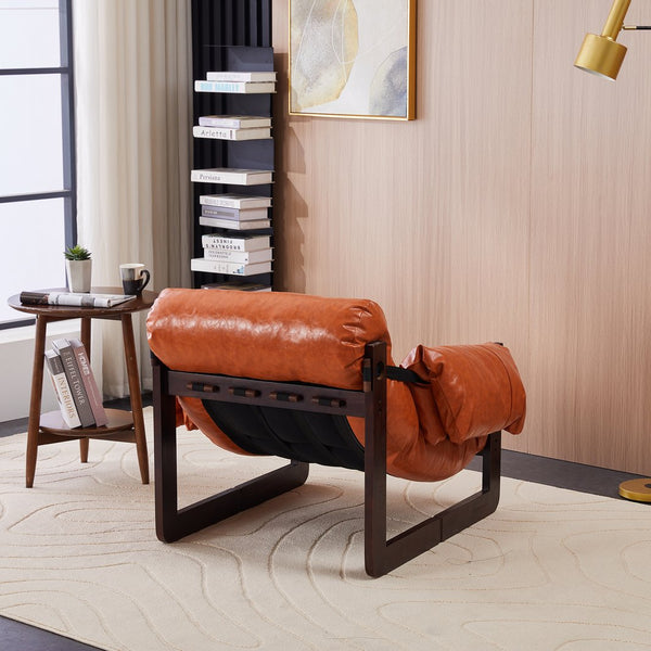 English Elm Medieval premium lounge chair with oil-waxed leather, removable cushion, mortise & tenon frame stability Retro Orange W2989P328541