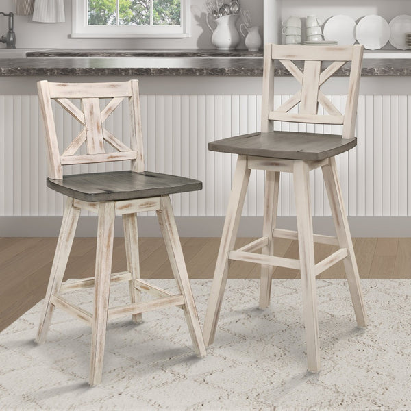 English Elm Pub Height Swivel Chairs Set Of 2 - Distressed Gray & White X-Back Design, Perfect For Home Bars! B011P194916-GIGA