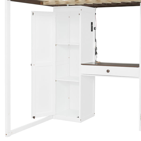 English Elm Full Size Teen Loft Bed with Wardrobe Staircase Storage Dressing Table and Led Lights LT000276AAP