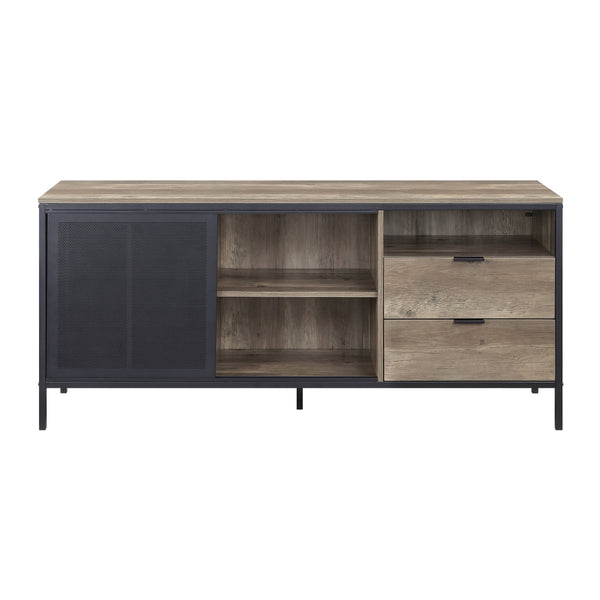 English Elm Rustic 63" Oak & Black TV Stand with Metal Frame, 2 Drawers, 5 Compartments, Knock-Down Design for Easy Assembly and Transport B062S00571