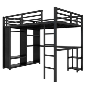 English Elm Queen Size Loft Bed Frame With Integrated Wardrobe, Desk & Shelves - Space-Saving Black Design W1580S00105-GIGA