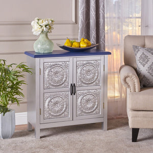 Christopher Knight Home® - Noble House - Alana Modern Firwood Cabinet with Carved Panels, Silver and Navy Blue