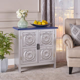 Christopher Knight Home® Alana Modern Firwood Cabinet with Carved Panels, Silver and Navy Blue