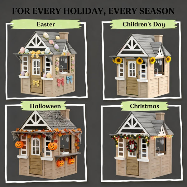 English Elm Backyard Fir Wood Kids Playhouse with Plant Boxes Retro Windows and Rain Resistant Roof T3971P491775
