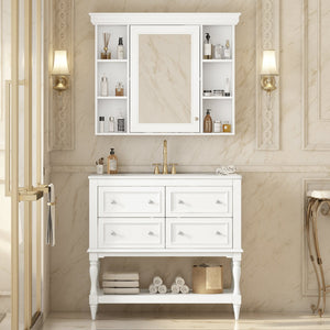 English Elm 36'' Modern Bathroom Vanity with Ceramic Sink and Medicine Cabinet, Solid Wood Frame, 4 Drawers, Waterproof Finish White SW000138AAK-1