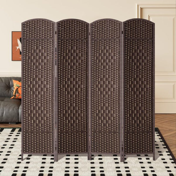 English Elm 4 Panel Room Divider Folding Screen Privacy Partition Wood Woven Panels Portable Rustic Room Splitter Walnut Brown W3198P299258