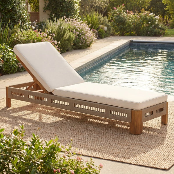 English Elm Acacia Wood Outdoor Chaise Lounge with Rope Accents and Adjustable Reclining Backrest N767P363998C_N767P369236T