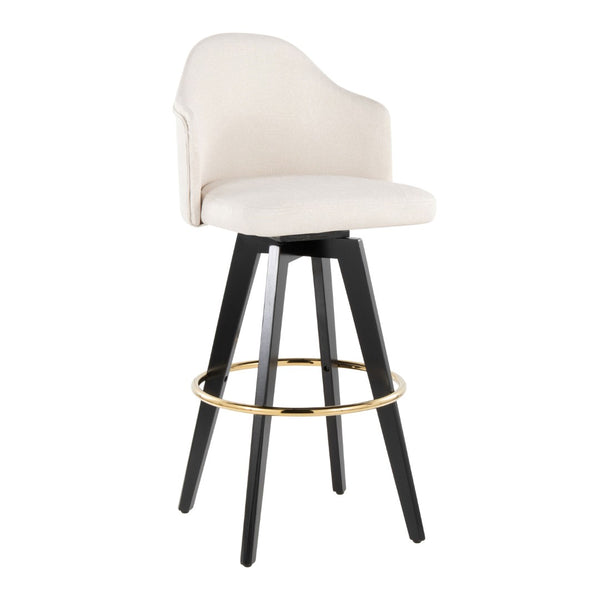 English Elm Fixed-height Swivel Barstools with Gold Ring Footrest Cream Upholstery Set of 2 B202S01864