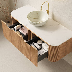English Elm Dina Floating Bathroom Vanity with Crystal Glass Basin and Sintered Stone Top Natural Wood,White W2615S00695
