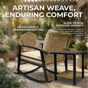 English Elm Wrought Iron Rattan Outdoor Rocking Set with Coffee Table for Porch or Patio W5382P440516