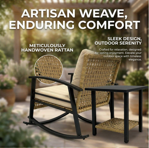 English Elm Wrought Iron Rattan Outdoor Rocking Set with Coffee Table for Porch or Patio W5382P440516