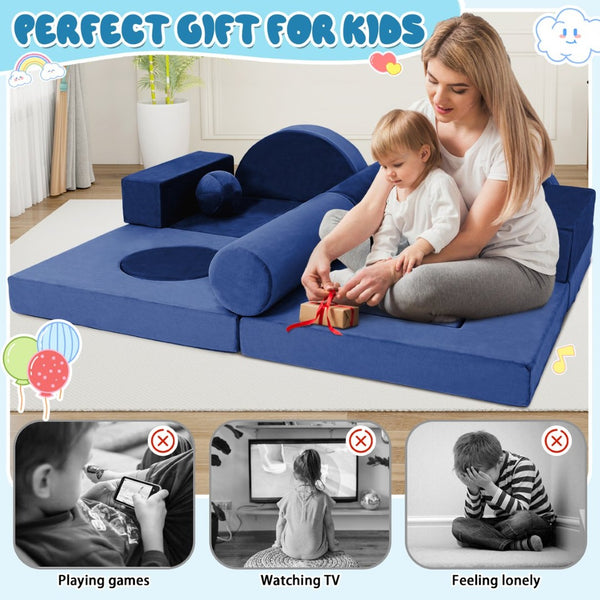 English Elm 14pcs Modular Foam Play Couch Set Convertible Toddler Fort Builder for Playrooms Blue T5880P493430