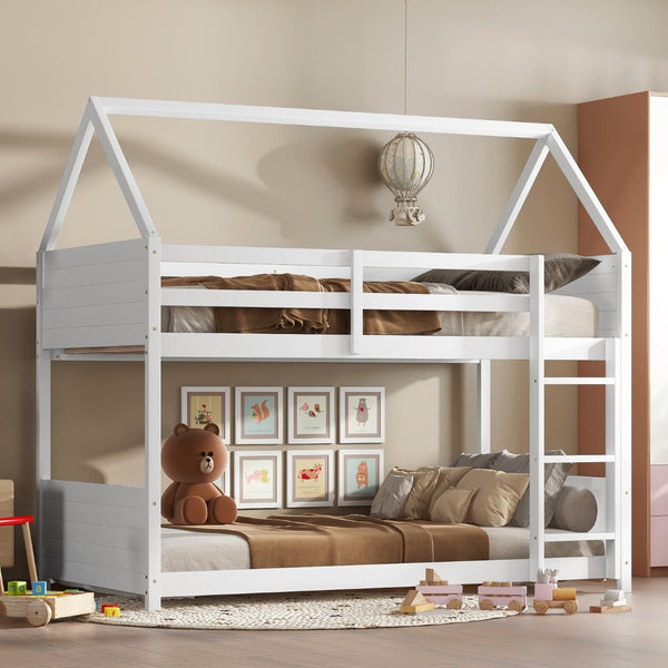 English Elm Twin House-Style Twin Bunk Bed With Safety Guardrails, Ladder & Play Space – White Rubberwood Design W504P227972-GIGA