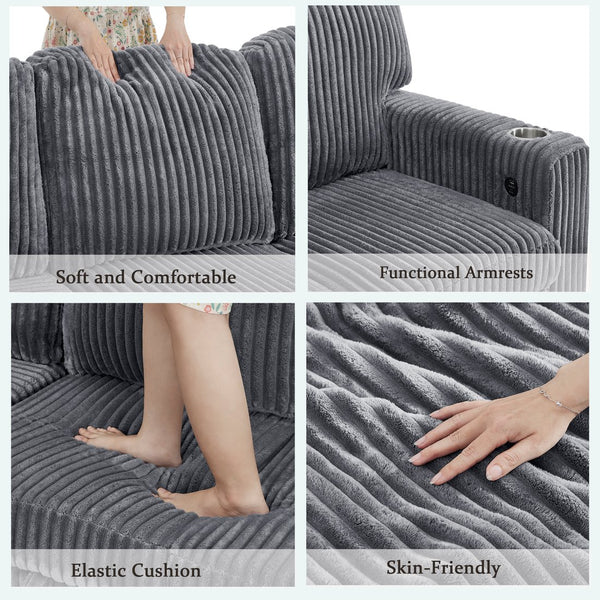 English Elm L-Shaped Sofa with Pull-Out Bed and Storage, 5-Seat Sectional with USB, Cup Holders, Cozy Chenille Grey W1998S00074