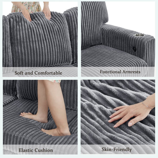 English Elm L-shaped Sectional Sleeper Sofa with Hidden Storage Usb Charging Corduroy Upholstery Grey W1998S00092