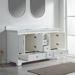 English Elm Fully 60'' Freestanding Double Bathroom Vanity with Solid Wood Base and Carrara Engineered Marble Top White W1826P382807