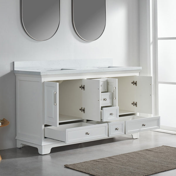 English Elm Fully 60'' Freestanding Double Bathroom Vanity with Solid Wood Base and Carrara Engineered Marble Top White W1826P382807