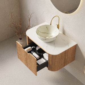 English Elm Muri Floating Bathroom Vanity Plywood Cabinet Sintered Stone Top Oak Drawer Carrara White,Natural Wood,Stone White W2615S00693