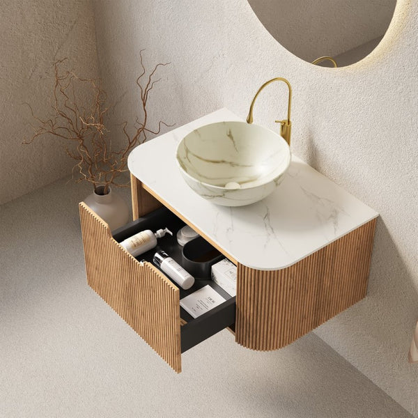 English Elm Muri Floating Bathroom Vanity Plywood Cabinet Sintered Stone Top Oak Drawer Carrara White,Natural Wood,Stone White W2615S00693