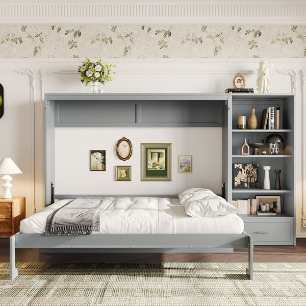 English Elm Queen Murphy Bed with Built-In Shelves, Height-Adjustable Storage & Drawer for Small Spaces Gray 71.6 L x 21.5 W x 6.1 H N733S309223E