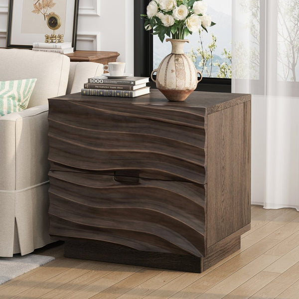 English Elm Farmhouse Nightstand Pine Wood Four Drawer Storage with Pull Out Tray Gourd Legs Brown W1716P391015