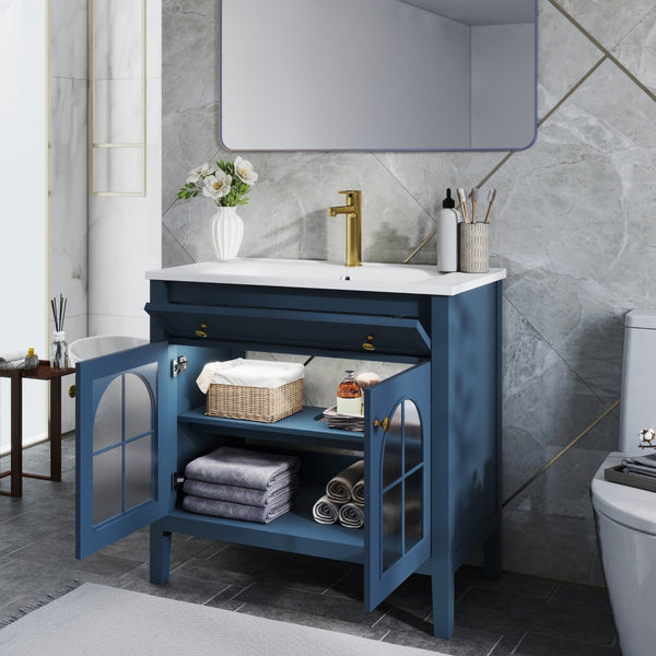 English Elm 35.6" Freestanding Bathroom Vanity with Roman Column Base and Ceramic Integrated Sink Blue W1801S00013