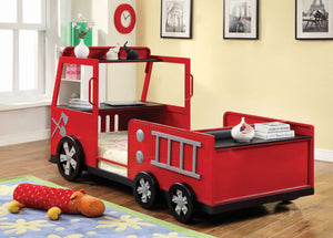 English Elm Modern Fire Truck Bed With Padded Headboard & Hidden Storage Compartment - Red & Black Design B2741S00509