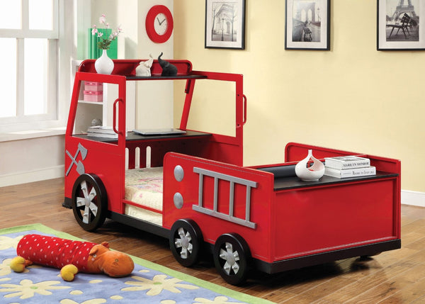 English Elm Modern Fire Truck Bed With Padded Headboard & Hidden Storage Compartment - Red & Black Design B2741S00509