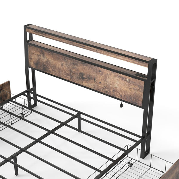 English Elm Queen Metal Platform Bed with Rgb Led Headboard Charging Station and Underbed Storage T3963P482749